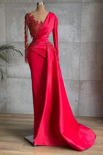 STUNNING RED LONG SLEEVE MERMAID EVENING DRESS LACE APPLIQUES PROM GOWN RUFFLES HZ1023